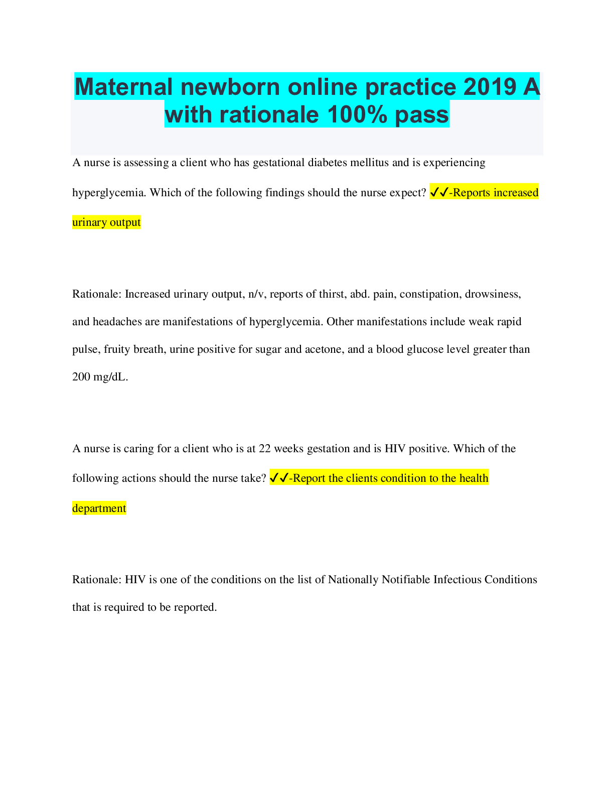 Maternal newborn online practice 2019 A with rationale 100 pass